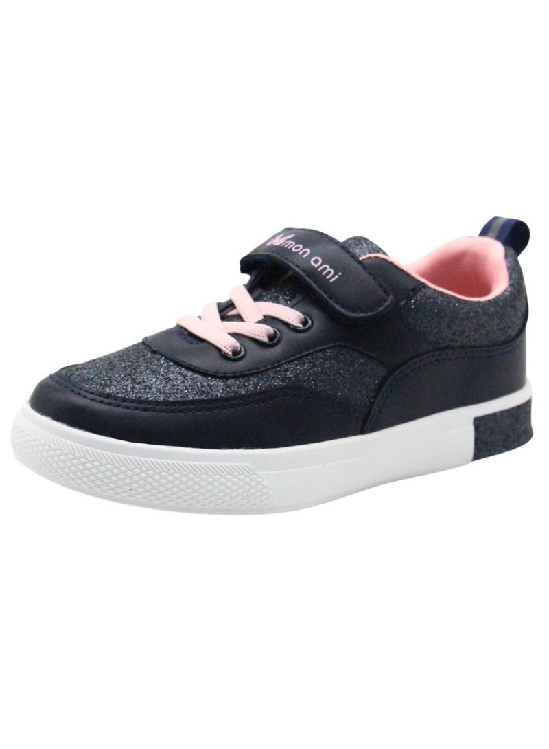 Girls’ Casual Sneakers – Lightweight Glitter Lace-Up Shoes with Hook & Loop Strap, Cushioned Sole, and Breathable Design for School and Everyday Play