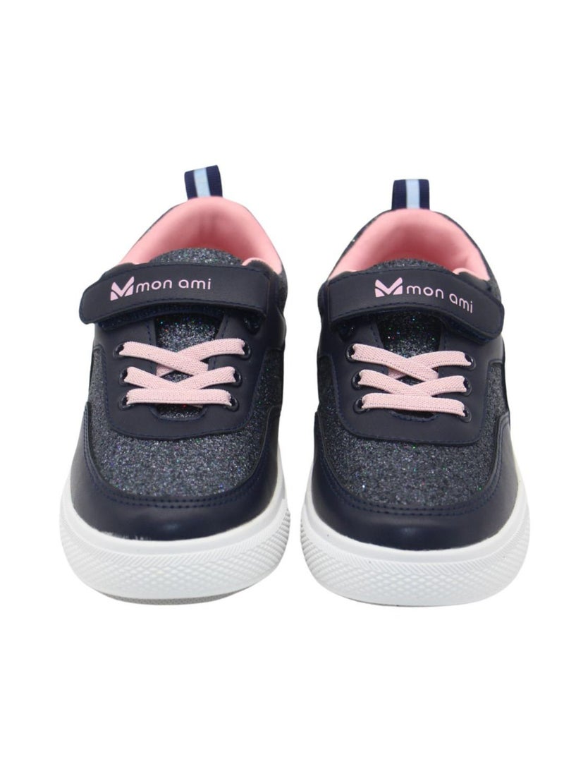 Girls’ Casual Sneakers – Lightweight Glitter Lace-Up Shoes with Hook & Loop Strap, Cushioned Sole, and Breathable Design for School and Everyday Play