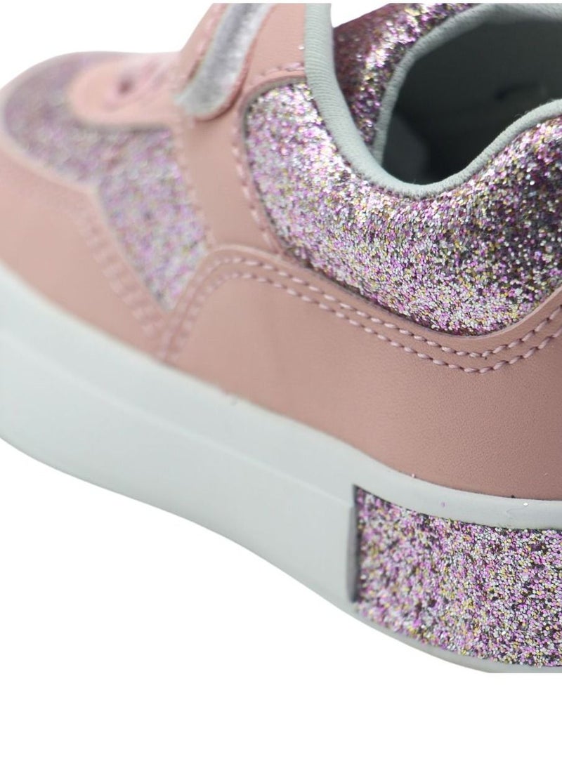 Girls’ Glitter Sparkle Sneakers – Lightweight Pink Casual Shoes with Hook & Loop Strap, Cushioned Insole, and Breathable Design for School, Outdoor Play, and Everyday Use
