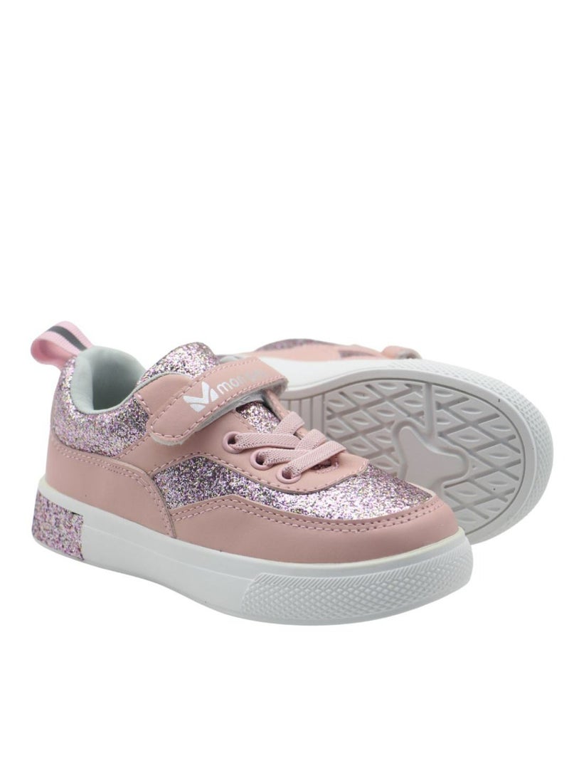 Girls’ Glitter Sparkle Sneakers – Lightweight Pink Casual Shoes with Hook & Loop Strap, Cushioned Insole, and Breathable Design for School, Outdoor Play, and Everyday Use