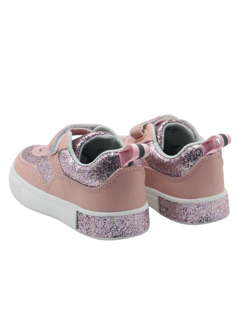Girls’ Glitter Sparkle Sneakers – Lightweight Pink Casual Shoes with Hook & Loop Strap, Cushioned Insole, and Breathable Design for School, Outdoor Play, and Everyday Use