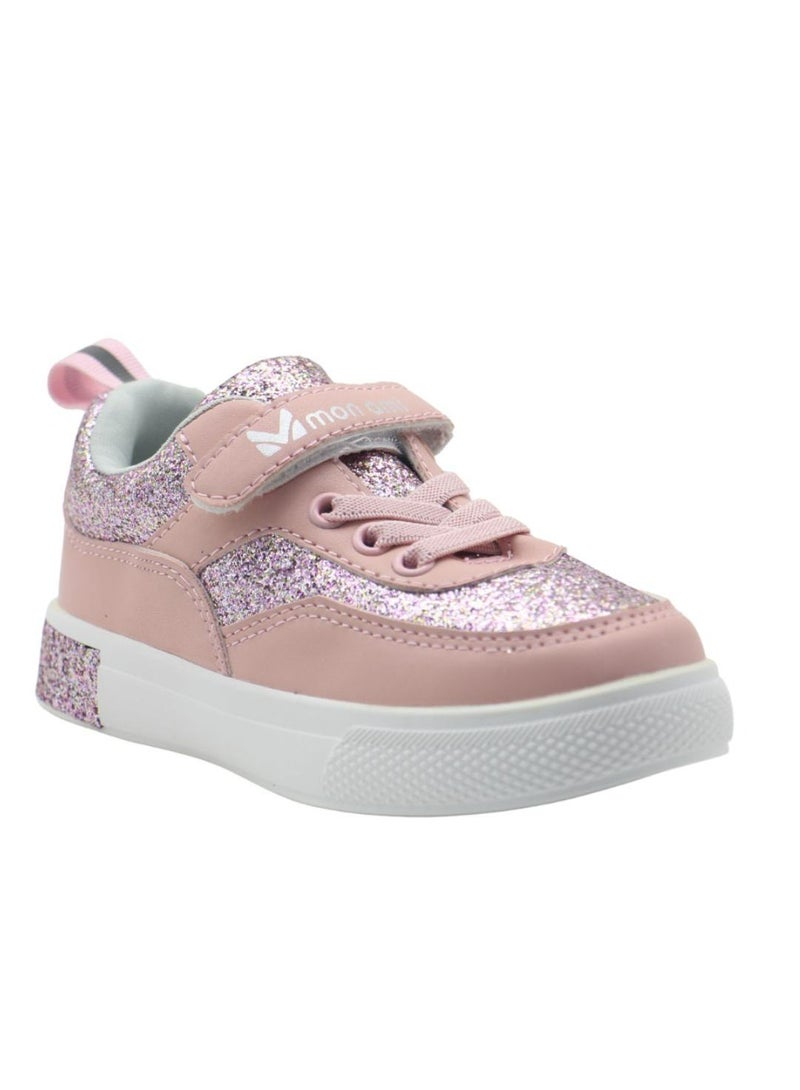 Girls’ Glitter Sparkle Sneakers – Lightweight Pink Casual Shoes with Hook & Loop Strap, Cushioned Insole, and Breathable Design for School, Outdoor Play, and Everyday Use