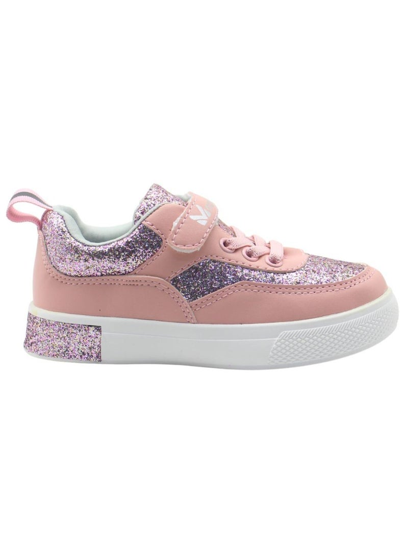 Girls’ Glitter Sparkle Sneakers – Lightweight Pink Casual Shoes with Hook & Loop Strap, Cushioned Insole, and Breathable Design for School, Outdoor Play, and Everyday Use