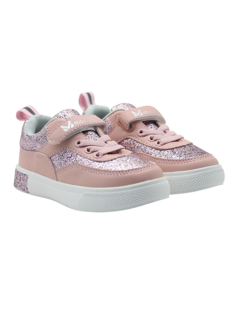 Girls’ Glitter Sparkle Sneakers – Lightweight Pink Casual Shoes with Hook & Loop Strap, Cushioned Insole, and Breathable Design for School, Outdoor Play, and Everyday Use
