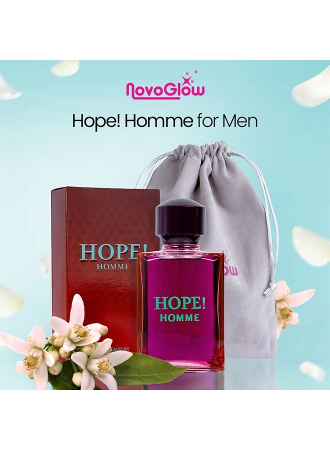 Hope Homme for Men - 100ml Eau De Parfum Spray for Men - Spicy Floral & Intense Fragrance Warm Scent Lasts All Day Long Includes Carrying Pouch Gift for Men for All Occasions