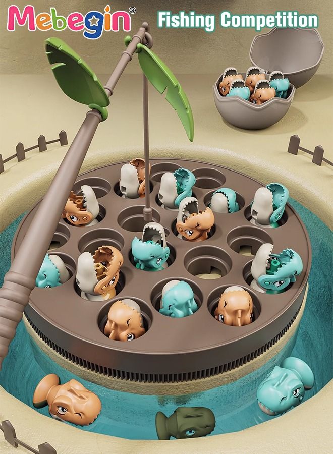 Magnetic Dinosaur Fishing Game Set with 21 Dinosaurs, 2 Fishing Rods and 2 Dinosaur Eggs, Dinosaur Shape Educational Board Game, Electric Magnetic Fishing Toy with Music, Montessori Educational Learning Toys, 2 AA Batteries Required(Not Included)