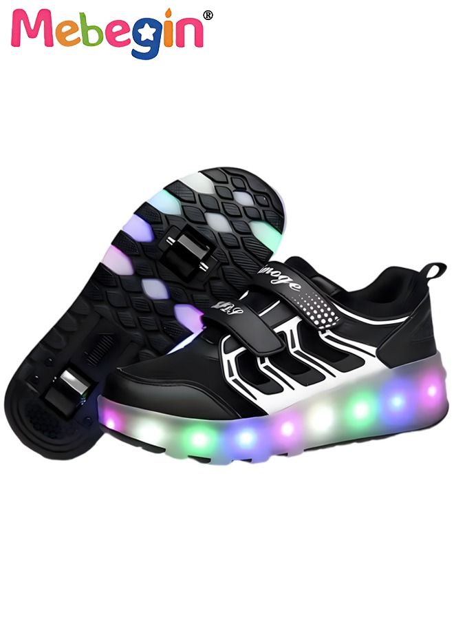 Retractable Roller Kids Shoes with Wheels LED Light Color Shoes Size 33 Shiny Roller Skates Skate Shoes Simple Kids Gifts Boys Girls The Best Gift for Party Birthday Black