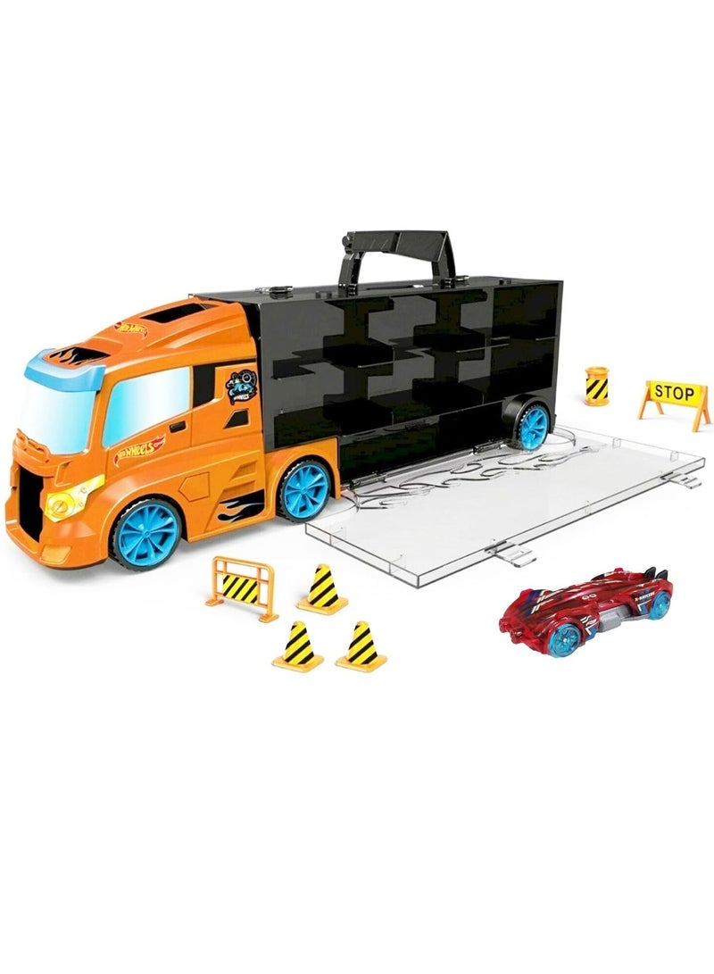 HOT WHEELS - CAR TRANSPORTER 0cms Carry Case with 1 Hot Wheels Car , road sign and play accessories included.