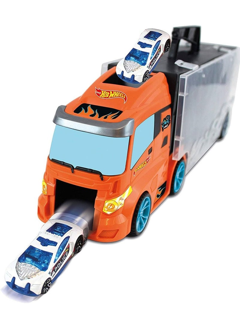 HOT WHEELS - CAR TRANSPORTER 0cms Carry Case with 1 Hot Wheels Car , road sign and play accessories included.