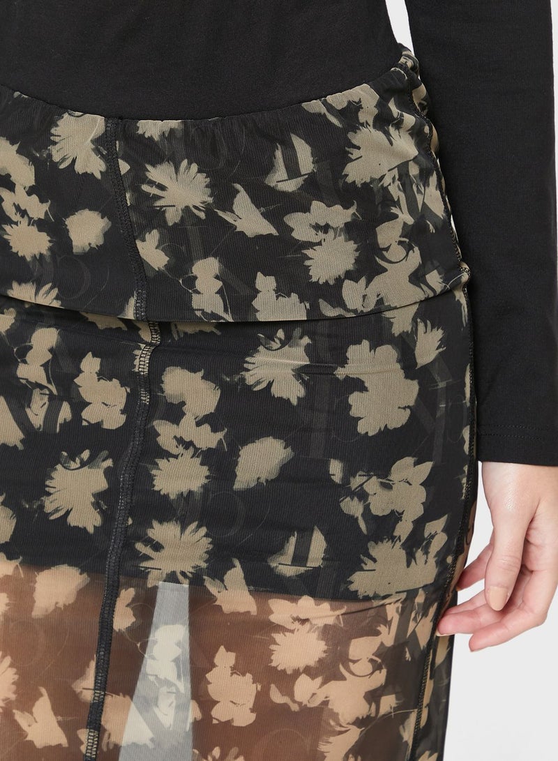 Floral Print Mesh Detail Skirt