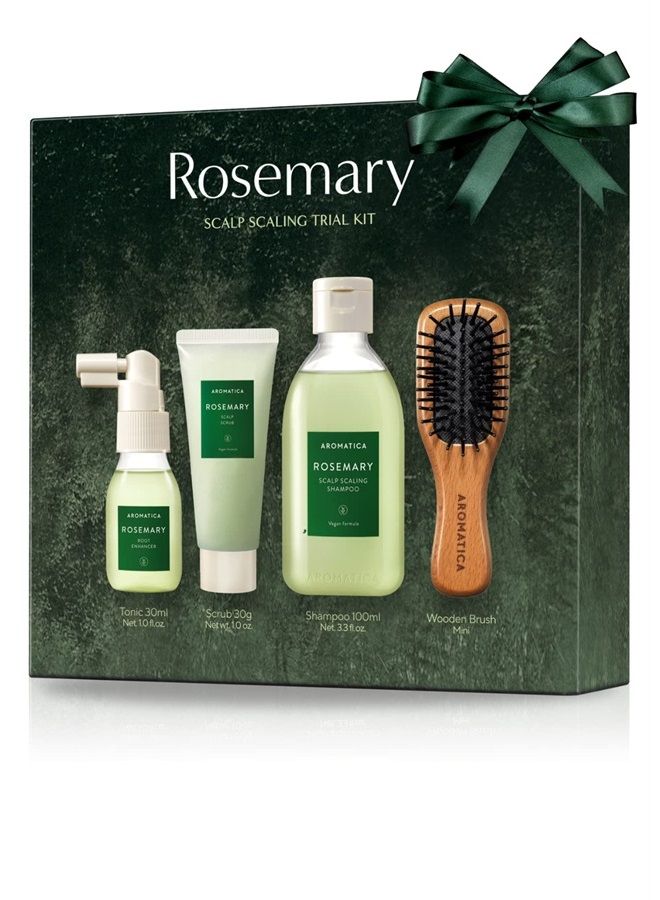 Rosemary Scalp Scaling Trial Kit - Gift Set - Mini Wooden Hair Brush - [Shampoo 3.38 fl. oz. / Root Enhancer 1.01 fl. oz. / Scalp Scrub 1.01 fl. oz.] - For Clearer and Dandruff Free Hair - P