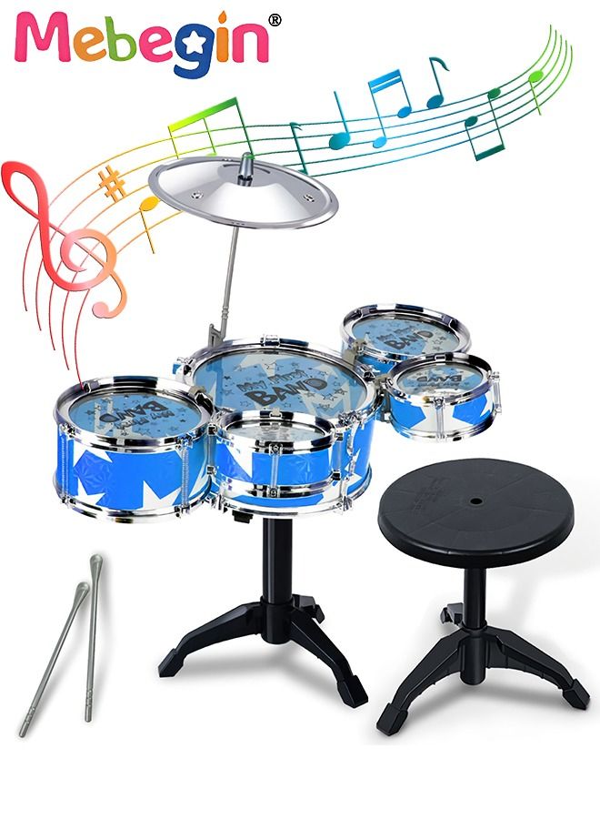 Rock Jazz Drum Set for Kids musical instrument toy with a Small Seat for Music Enlightenment 5 Drums Band Rock Set Ideal Gift Toy for Kids Blue