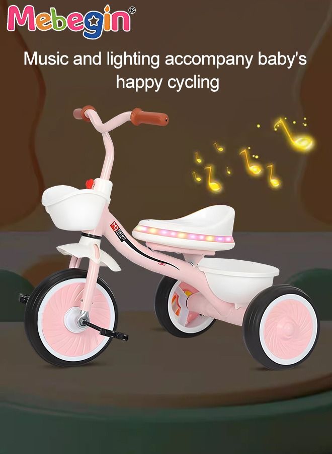 Kids Tricycles with Music and Light, Pedal Balance Bike with 3 Silence Wheels, Storage Basket and Pedals, Outdoor Ride-on Bikes, Suitable for a Wide Range of Roads, Ideal Gift for Kids