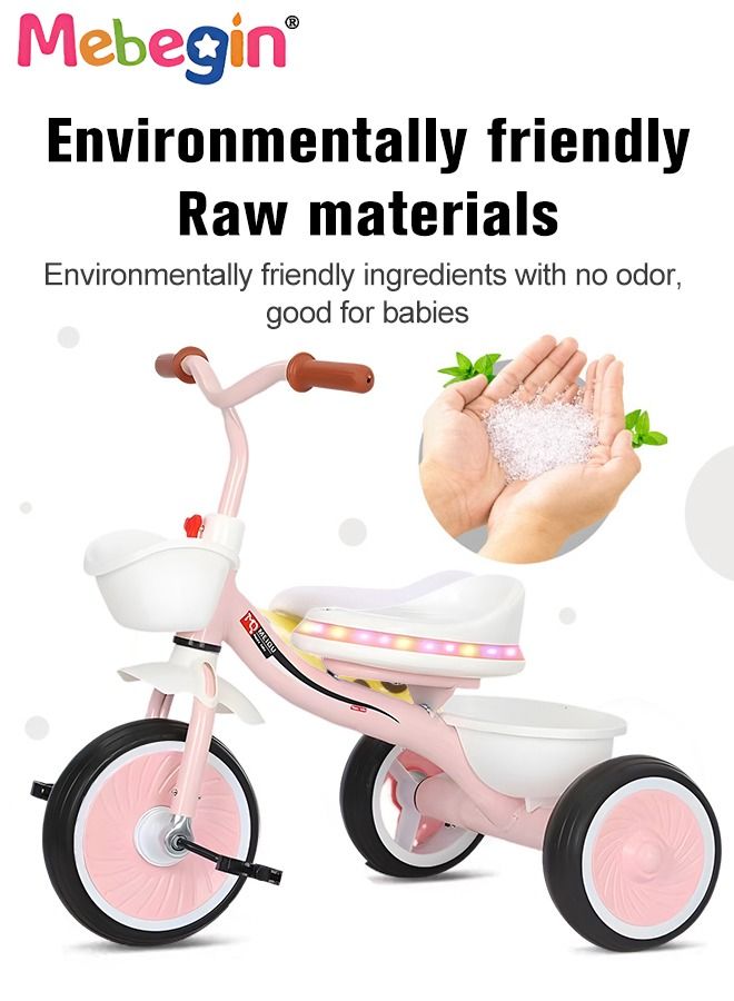 Kids Tricycles with Music and Light, Pedal Balance Bike with 3 Silence Wheels, Storage Basket and Pedals, Outdoor Ride-on Bikes, Suitable for a Wide Range of Roads, Ideal Gift for Kids