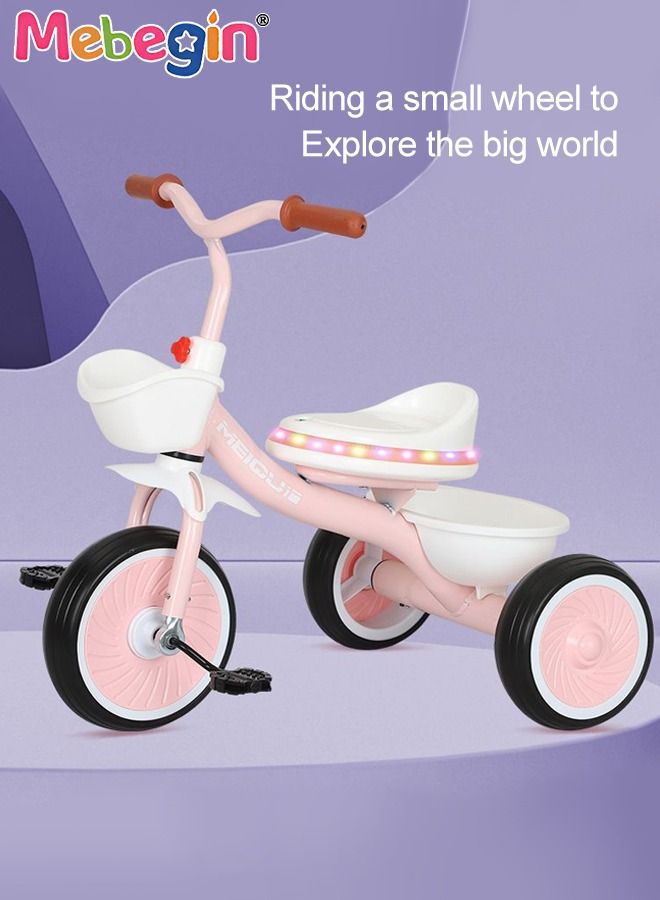 Kids Tricycles with Music and Light, Pedal Balance Bike with 3 Silence Wheels, Storage Basket and Pedals, Outdoor Ride-on Bikes, Suitable for a Wide Range of Roads, Ideal Gift for Kids
