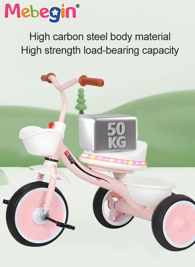 Kids Tricycles with Music and Light, Pedal Balance Bike with 3 Silence Wheels, Storage Basket and Pedals, Outdoor Ride-on Bikes, Suitable for a Wide Range of Roads, Ideal Gift for Kids