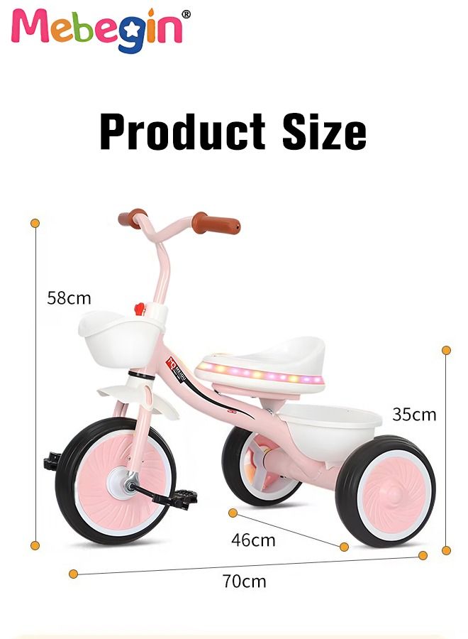 Kids Tricycles with Music and Light, Pedal Balance Bike with 3 Silence Wheels, Storage Basket and Pedals, Outdoor Ride-on Bikes, Suitable for a Wide Range of Roads, Ideal Gift for Kids