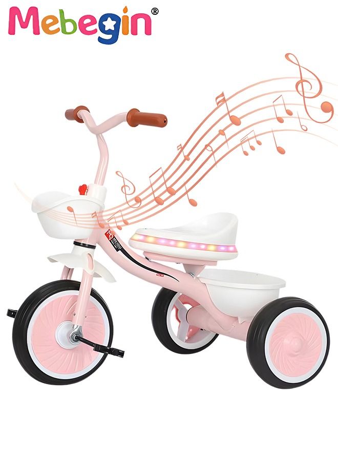 Kids Tricycles with Music and Light, Pedal Balance Bike with 3 Silence Wheels, Storage Basket and Pedals, Outdoor Ride-on Bikes, Suitable for a Wide Range of Roads, Ideal Gift for Kids