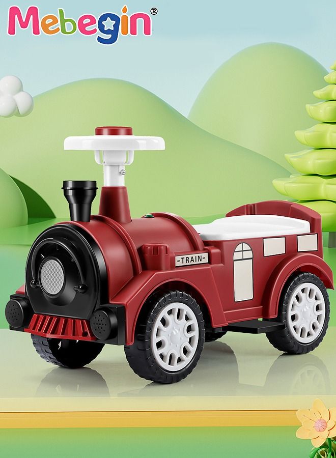 Kids 4-wheeled Balance Car with Large Storage Space Under Seat, Push Car with Music and Light, Anti Roll-over Toy Car, Sturdy Ride On Toy, Train-shaped Push Along Car, No Pedal