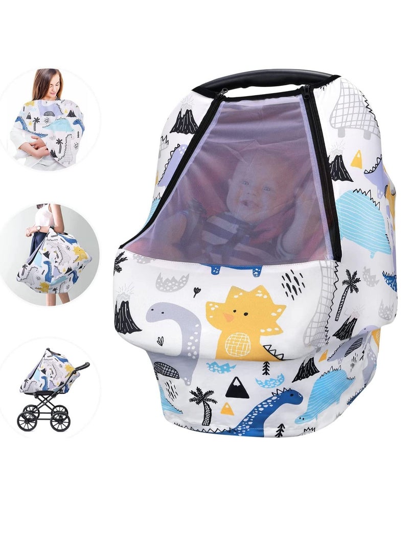 Car Baby Seat Covers, Baby Car Seat Stroller Canopy with Breathable Zipperable Peep Window, Mosquito Net, Elastic Wind Sun Protection Cute Cover for Girls Boys