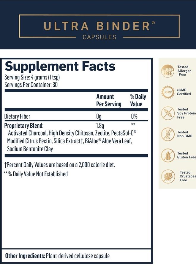 Ultra Binder - Multi Toxin Binder with Bentonite Clay Powder, Zeolite Detox & Charcoal - Supplement for Gut Support & The Body's Toxin Removal Process (120 Capsules)