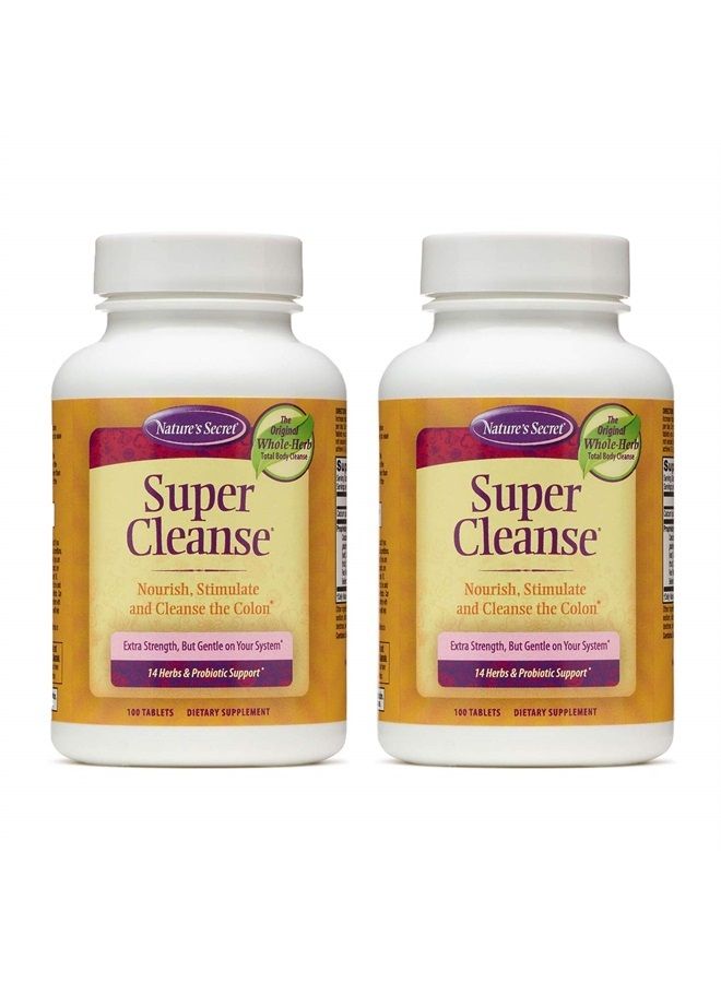 Super Cleanse Extra Strength Toxin Detox & Gentle Elimination Body Cleanse, Digestive & Colon Health Support - Stimulating Blend of 14 Herbs with Probiotics - 100 Tablets (Pack of 2)