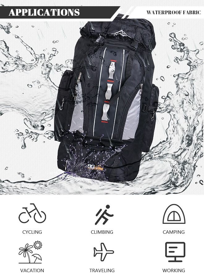 Large Capacity Professional Outdoor Backpack Waterproof Multifunctional for Travel Camp Trekking Fishing Climb Black