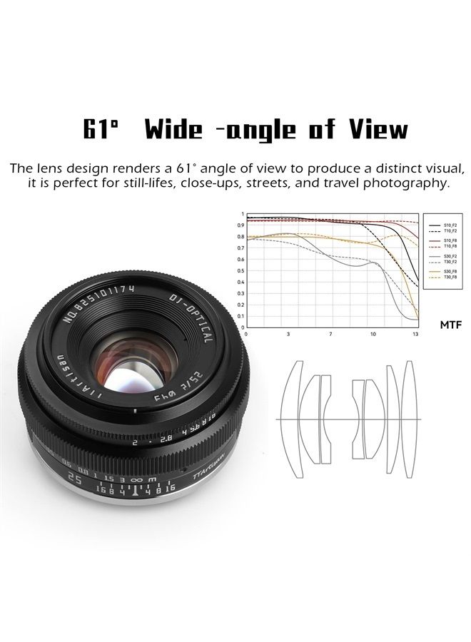 TTartisan 25mm F2 Wide-Angle Manual Lens, Compatible with Fuji X-Mount Mirrorless Cameras X-PRO1 X-PRO2 X-E1 X-E2 X-E3 X-H1 X-T1 X-T10 X-T2 X-T3 X-T20 X-T30 X-T100 X-A1 X-A10 X-A2 X-A3 X-A5