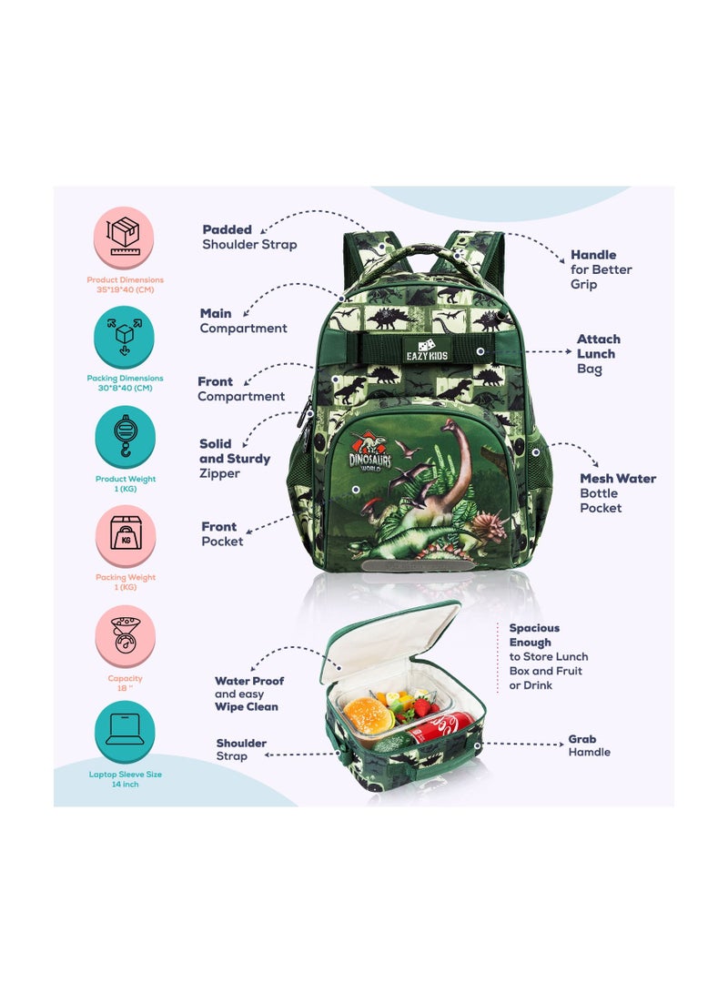 Eazy Kids 18inch School Bag set w/ Lunch Bag, Pencil Case Dinosaur-Green
