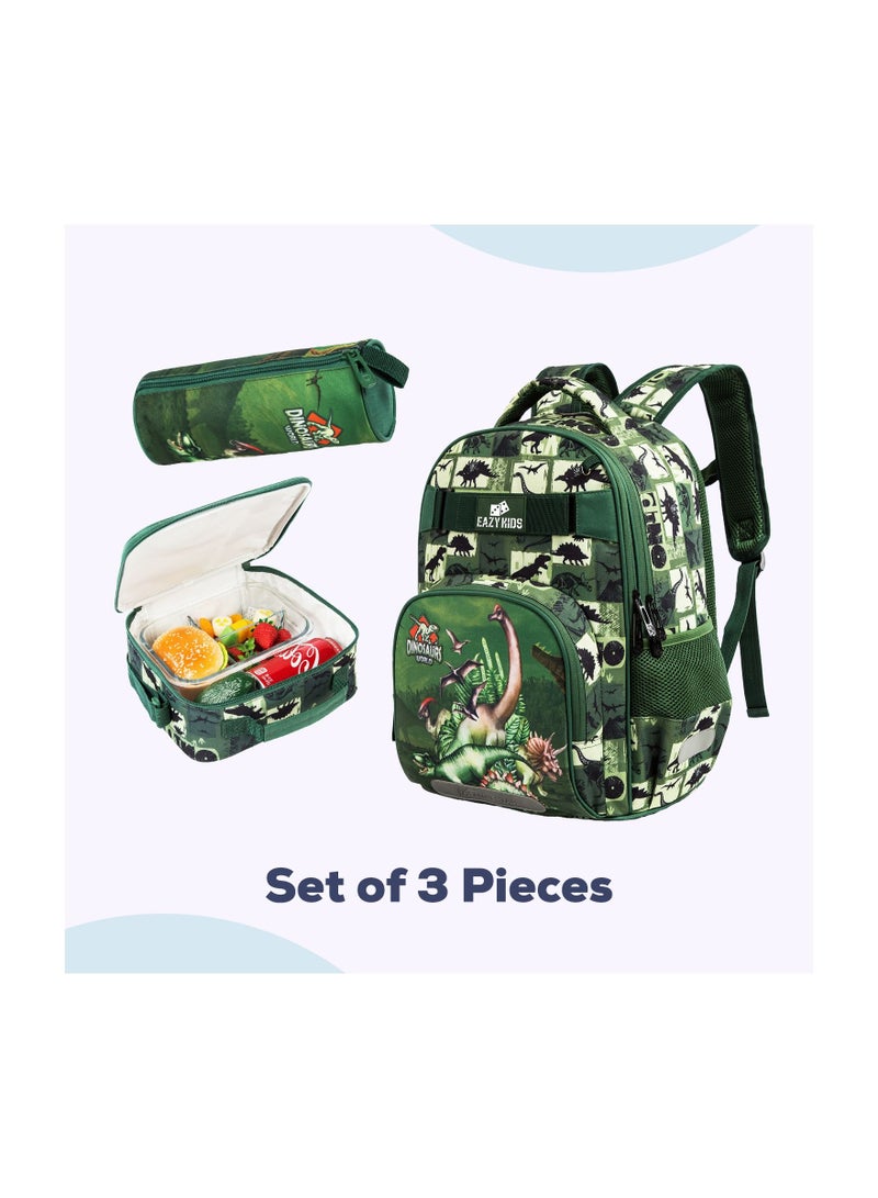 Eazy Kids 18inch School Bag set w/ Lunch Bag, Pencil Case Dinosaur-Green