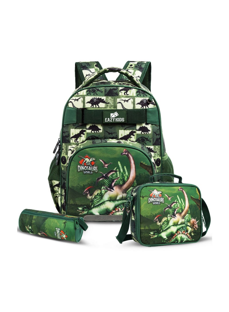 Eazy Kids 18inch School Bag set w/ Lunch Bag, Pencil Case Dinosaur-Green