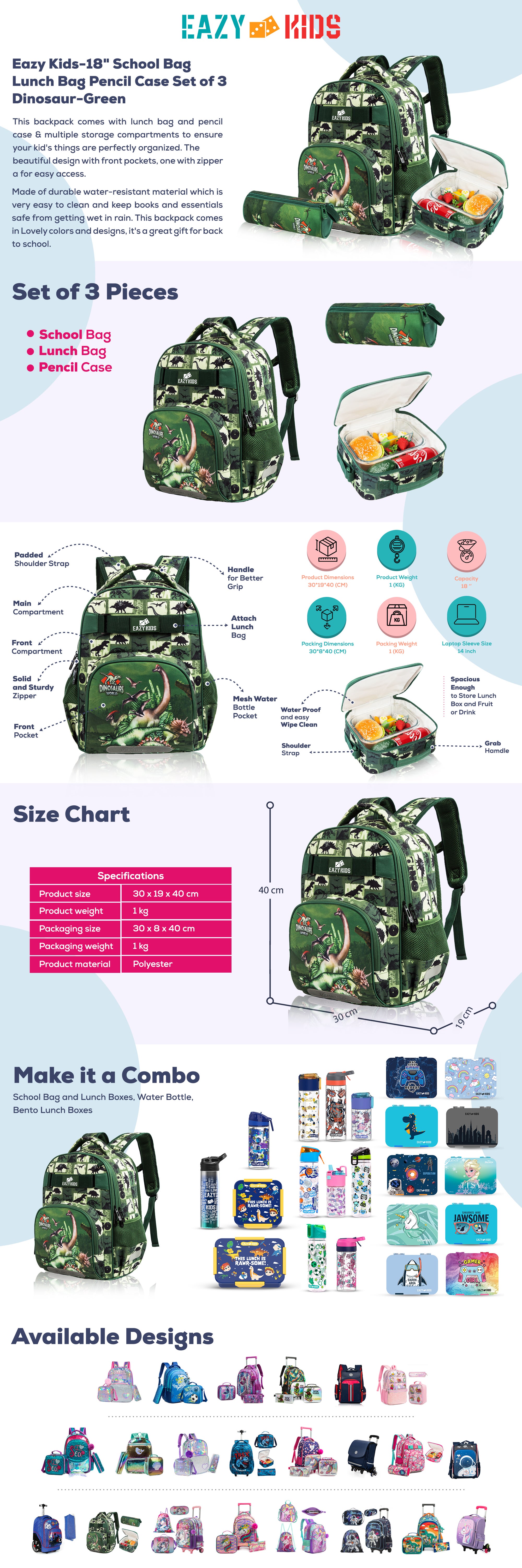 Eazy Kids 18inch School Bag set w/ Lunch Bag, Pencil Case Dinosaur-Green