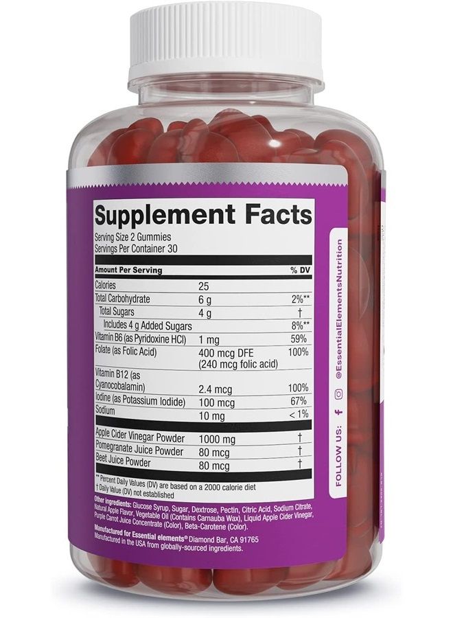 Apple Cider Vinegar Gummies from The Mother - Naturally-Sourced, Vegan ACV with Folic Acid and Vitamin B6 & B12 60 Count