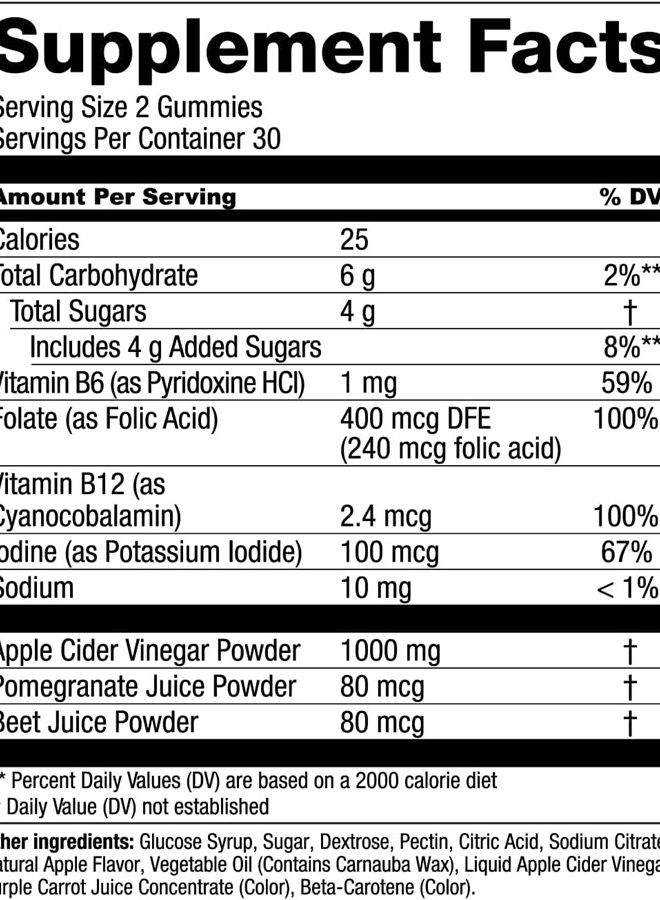 Apple Cider Vinegar Gummies from The Mother - Naturally-Sourced, Vegan ACV with Folic Acid and Vitamin B6 & B12 60 Count