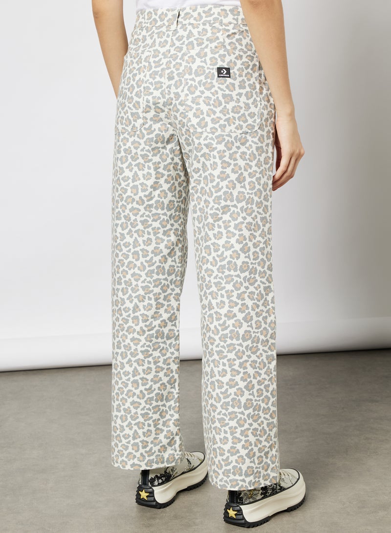 Straight Leg Leopard Woven Pants Beige