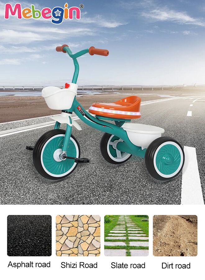 Kids Tricycles with Music and Light, Pedal Balance Bike with 3 Silence Wheels, Storage Basket and Pedals, Outdoor Ride-on Bikes, Suitable for a Wide Range of Roads, Ideal Gift for Kids
