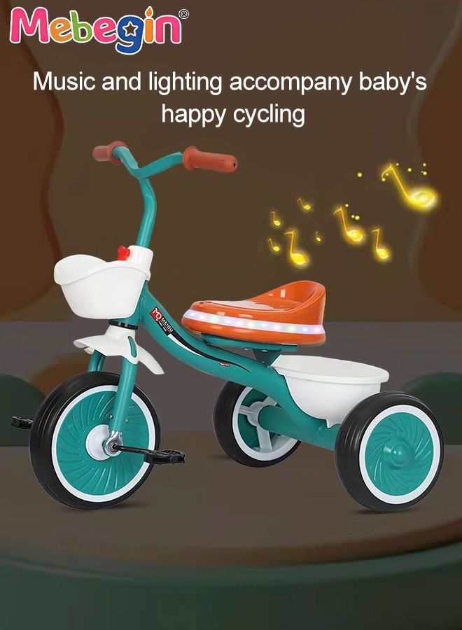 Kids Tricycles with Music and Light, Pedal Balance Bike with 3 Silence Wheels, Storage Basket and Pedals, Outdoor Ride-on Bikes, Suitable for a Wide Range of Roads, Ideal Gift for Kids