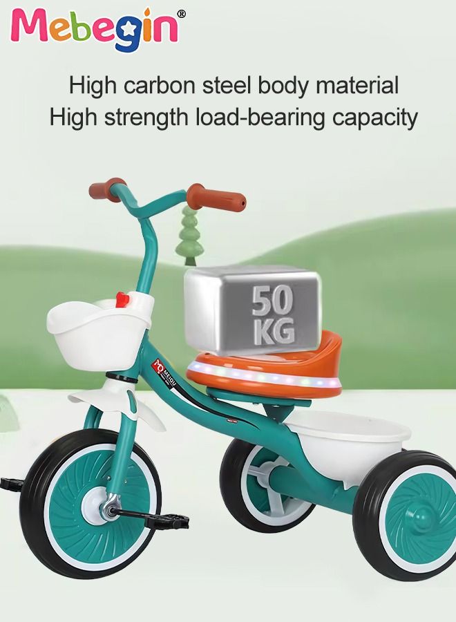Kids Tricycles with Music and Light, Pedal Balance Bike with 3 Silence Wheels, Storage Basket and Pedals, Outdoor Ride-on Bikes, Suitable for a Wide Range of Roads, Ideal Gift for Kids