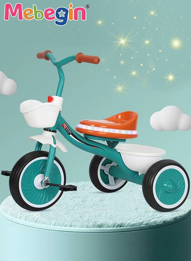 Kids Tricycles with Music and Light, Pedal Balance Bike with 3 Silence Wheels, Storage Basket and Pedals, Outdoor Ride-on Bikes, Suitable for a Wide Range of Roads, Ideal Gift for Kids