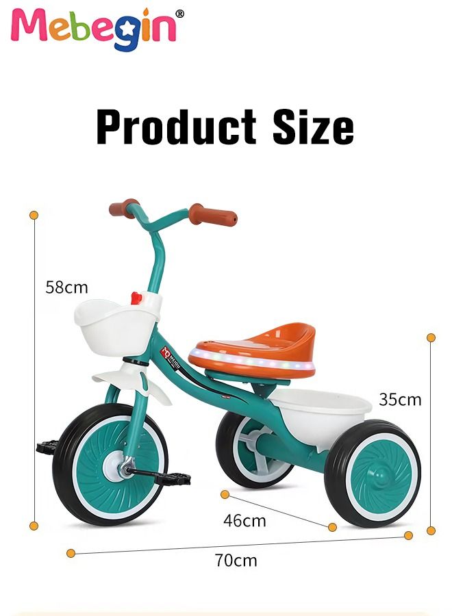 Kids Tricycles with Music and Light, Pedal Balance Bike with 3 Silence Wheels, Storage Basket and Pedals, Outdoor Ride-on Bikes, Suitable for a Wide Range of Roads, Ideal Gift for Kids