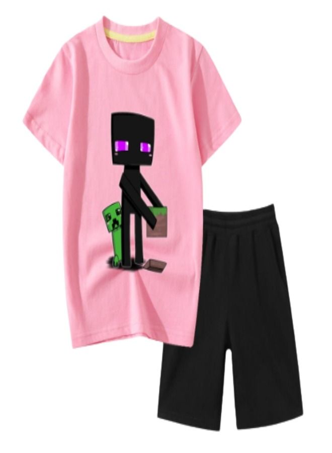 Minecraft Set Printed T-shirt Short For Kids Style 1 Pink