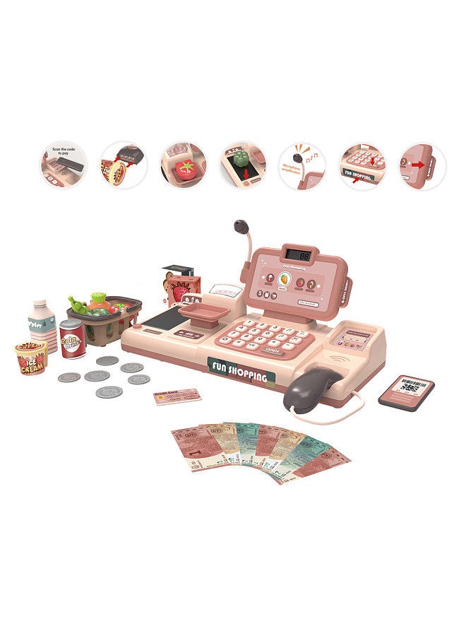 Cash Register Toy Set for Kids Ages 3+ with Scanner Calculator Microphone Play Moneny Credit Card 7pcs Scanning Items Grocery Basket Realistic Actions & Sounds Educational Toy
