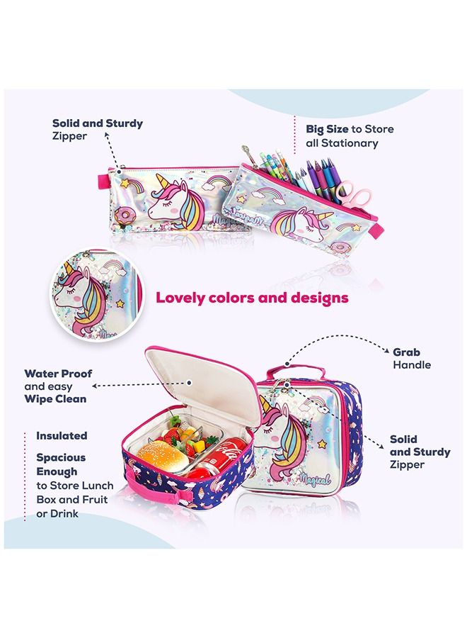 Set Of 3 16 Inches Trolley School Bag, Lunch Bag And Pencil Case - Unicorn Chrome - Blue