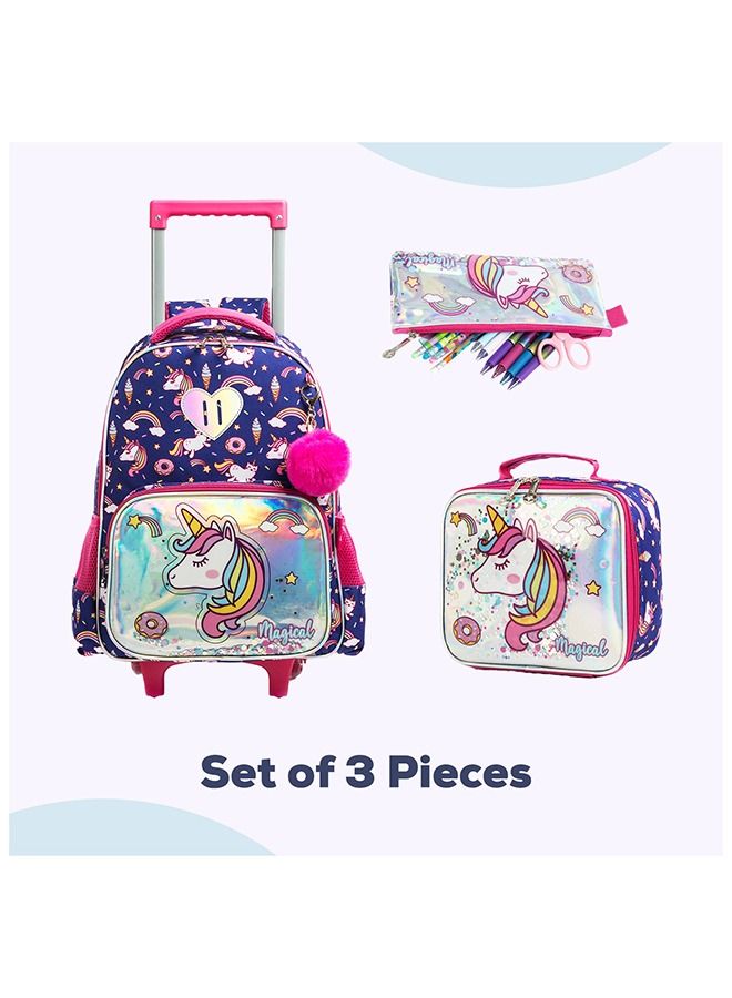 Set Of 3 16 Inches Trolley School Bag, Lunch Bag And Pencil Case - Unicorn Chrome - Blue