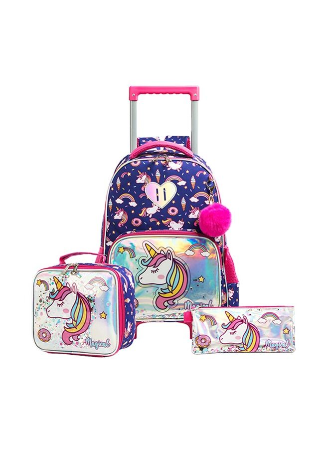 Set Of 3 16 Inches Trolley School Bag, Lunch Bag And Pencil Case - Unicorn Chrome - Blue