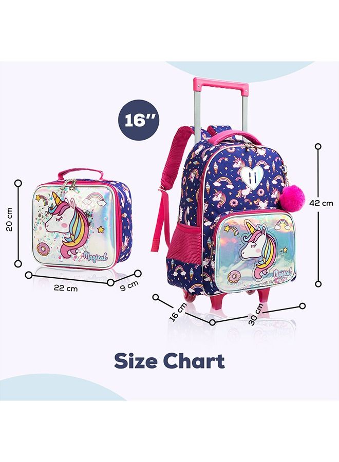 Set Of 3 16 Inches Trolley School Bag, Lunch Bag And Pencil Case - Unicorn Chrome - Blue