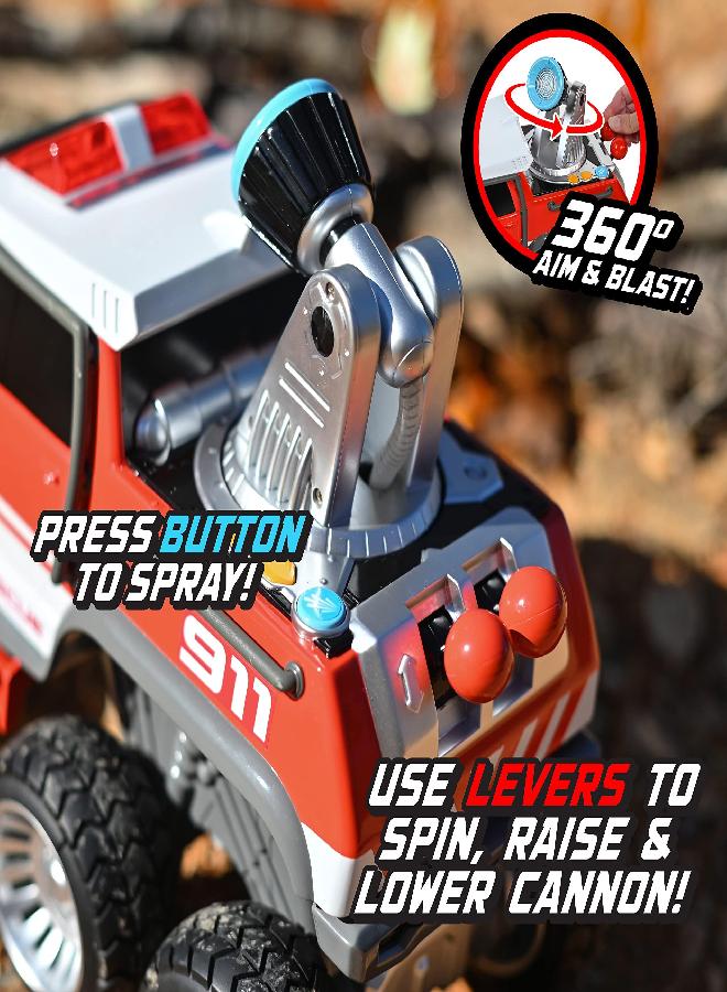 Sunny Days Entertainment Maxx Action Fire Rescue - Off Road Firetruck Toy with Working Water Cannon and Targets | Lights, Sounds, Motorized Drive and Shooting Water | Over 14 Inches Long