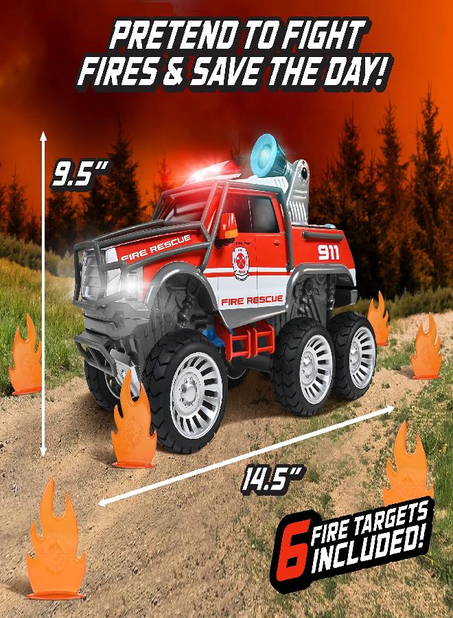 Sunny Days Entertainment Maxx Action Fire Rescue - Off Road Firetruck Toy with Working Water Cannon and Targets | Lights, Sounds, Motorized Drive and Shooting Water | Over 14 Inches Long