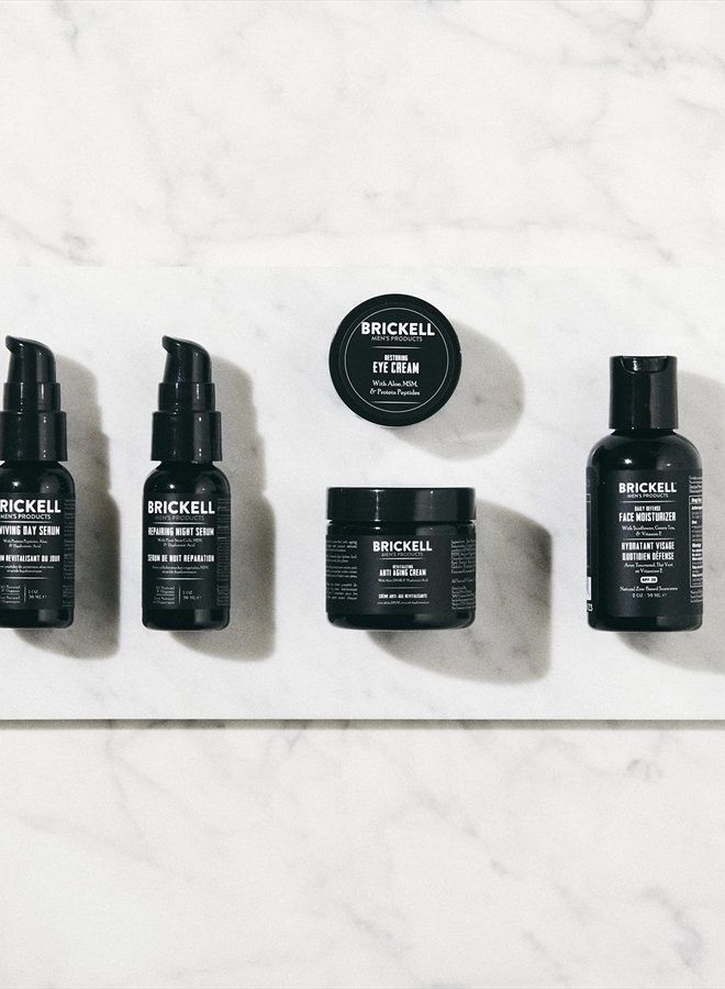 Brickell Men's Complete Defense Anti Aging Routine, Night Face Cream, Vitamin C Day and Night Serum, Facial Moisturizer w/SPF and Eye Cream, Natural and Organic, Scented, Skin Care Gift Set
