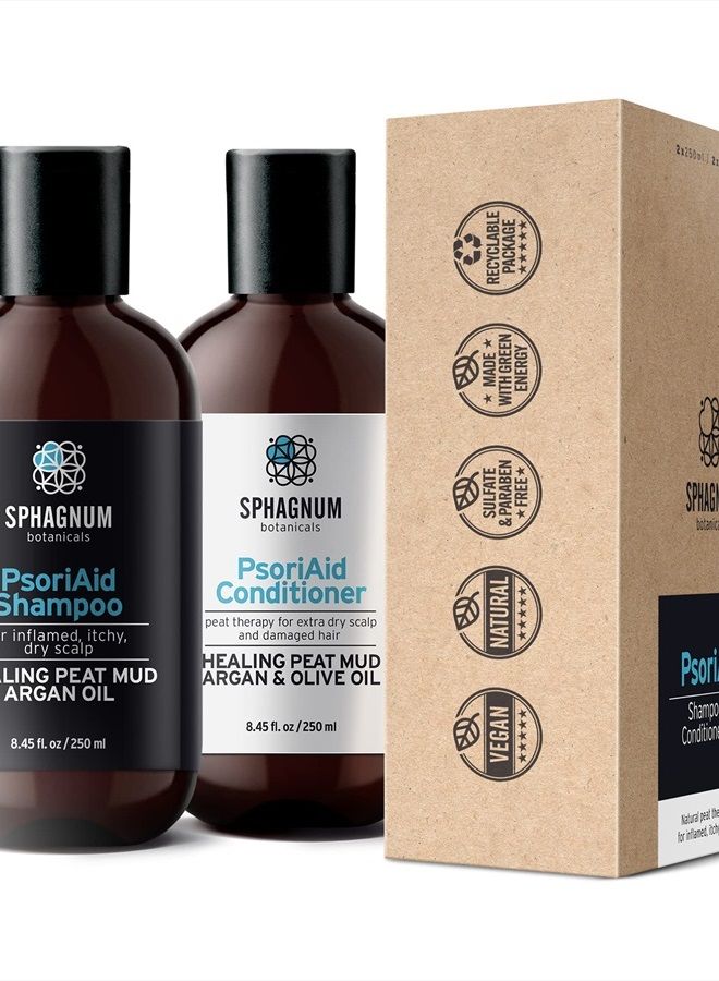 Psoriasis Shampoo and Conditioner Set - Peat Mud Therapy for Itchy Scalp with Argan and Olive Oil Treatment, No Coal Tar. For Both Men and Women. 2 x 8.45 fl. Oz